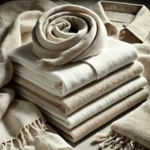 Minimalist tesettür tarzını yansıtan, nötr tonlarda tunik, pantolon ve trençkot gibi sade kıyafetlerin yer aldığı şık ve modern bir giyim köşesi.