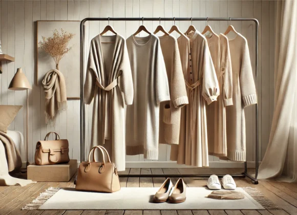 Minimalist tesettür tarzını yansıtan, nötr tonlarda tunik, pantolon ve trençkot gibi sade kıyafetlerin yer aldığı şık ve modern bir giyim köşesi.