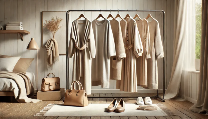 Minimalist tesettür tarzını yansıtan, nötr tonlarda tunik, pantolon ve trençkot gibi sade kıyafetlerin yer aldığı şık ve modern bir giyim köşesi.