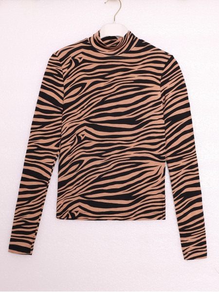 Half Neck Zebra Pattern Blouse -Mink color