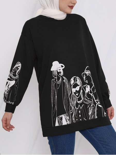 Sleeves and Front Girl Printed Combed Cotton Sweat -Black
