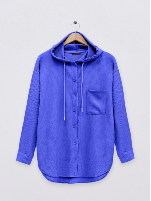 Hooded Single Pocket Buttoned Crinkle Sweat -Dark blue