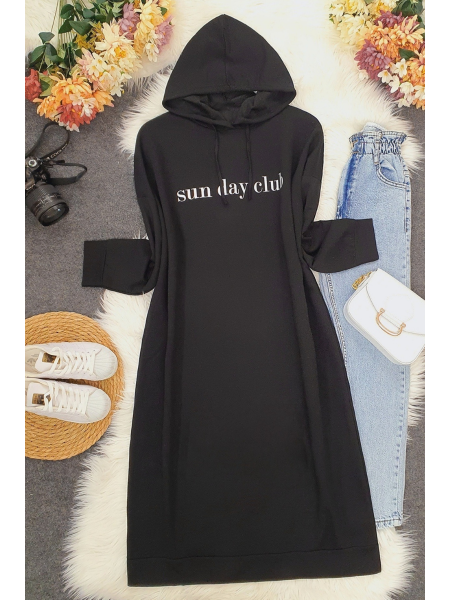 Letter Printed Long Sweat with Lace-up Hood -Black