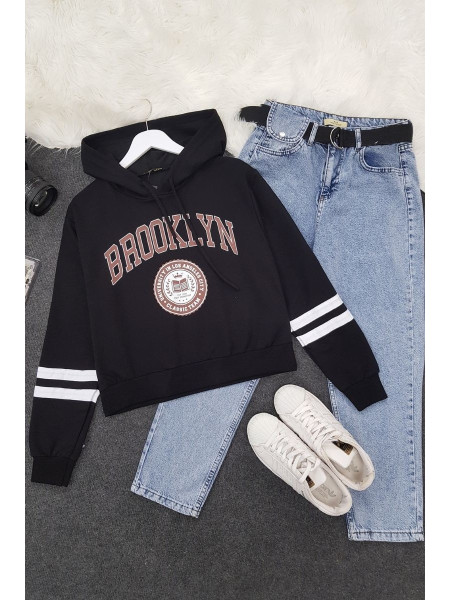 Hooded Brooklyn Letter Short Combed Sweat -Black