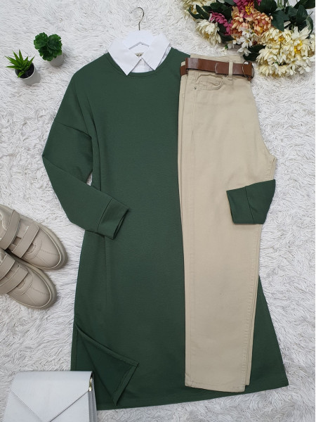 Slit Plain Combed Cotton Tunic      -Khaki