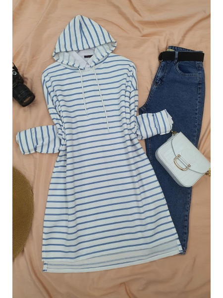 Hooded Lace-up Side Striped Slit Tunic -Blue