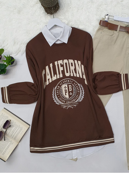 Sleeves and Skirt Striped Printed Combed Cotton Sweat -Brown