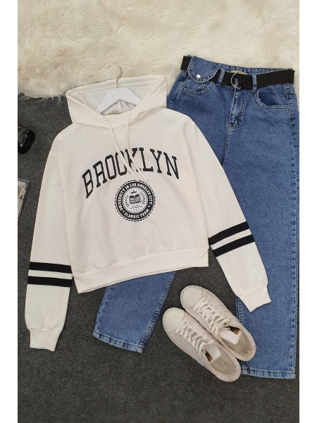 Hooded Brooklyn Letter Short Combed Sweat -White