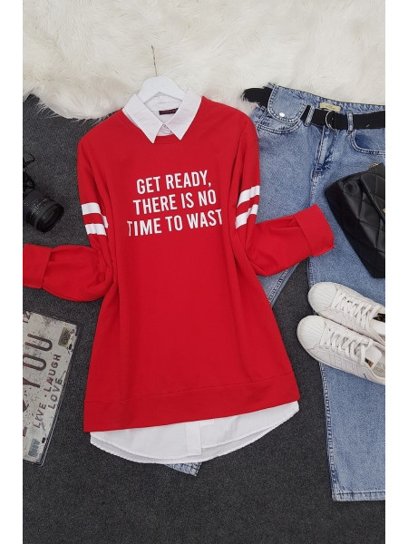 Crew Neck Get Ready Printed Combed Cotton Sweat -Red