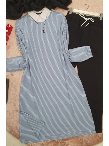 Striped Slit Long Combed Cotton Tunic -Blue