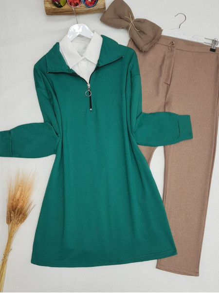 Half Zipper Neck Plain Combed Cotton Tunic -Emerald