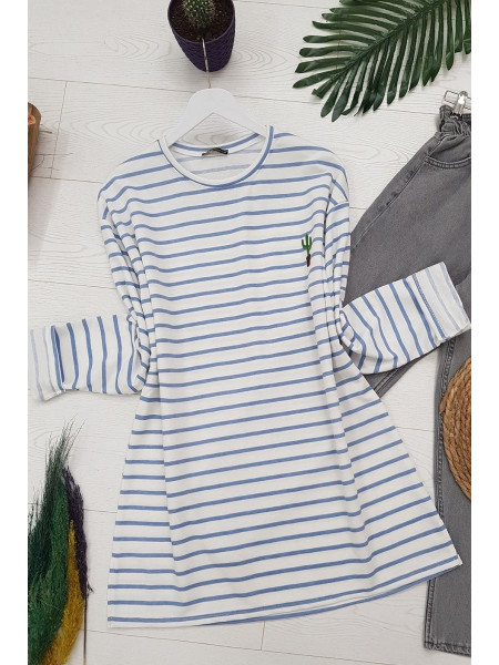 Crew Neck Striped Cactus Embroidered Tunic -Blue