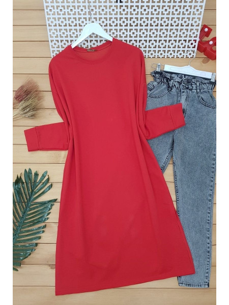 Slit Plain Combed Cotton Tunic -Red