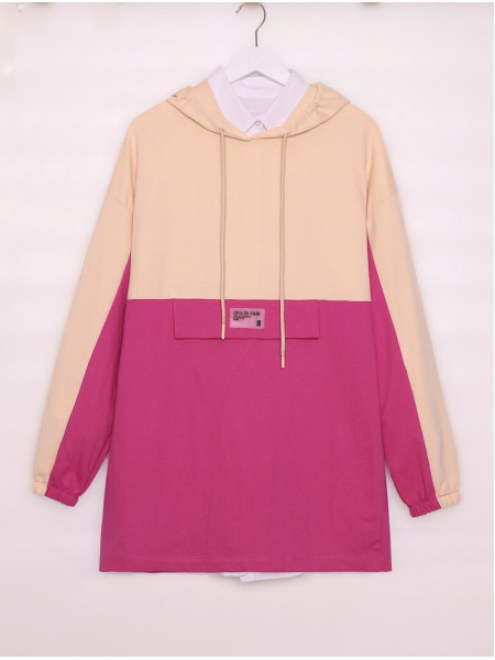 Hooded Front Pocket Detailed Combed Cotton Sweat -Fuchsia