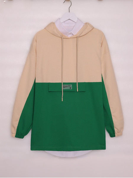 Hooded Front Pocket Detailed Combed Cotton Sweat -Green