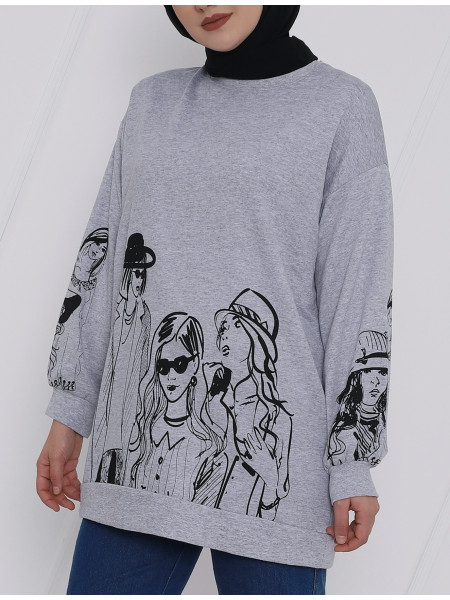 Sleeves and Front Girl Printed Combed Cotton Sweat -Grey