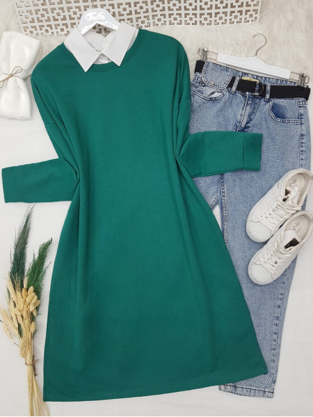 Slit Plain Combed Cotton Tunic     -Emerald