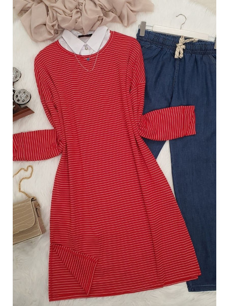 Striped Slit Long Combed Cotton Tunic -Red