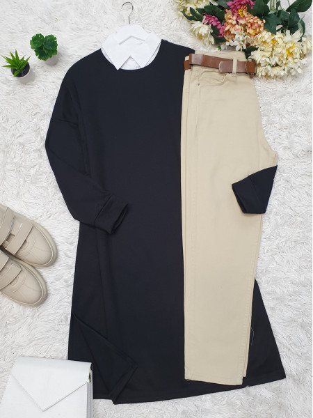 Slit Plain Combed Cotton Tunic -Black