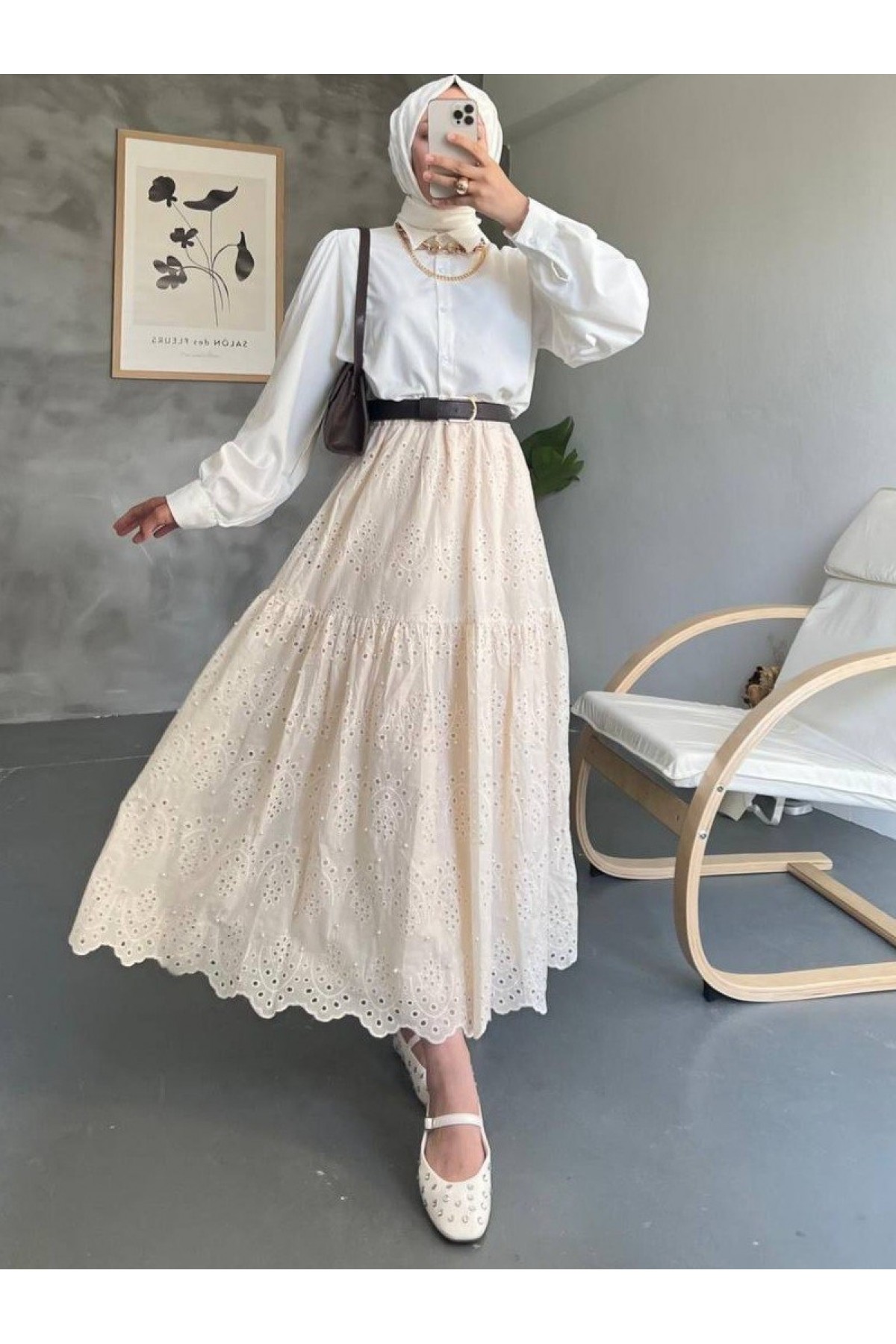 Elastic Waist Skirt with Pieced Pearl Detail - Beige