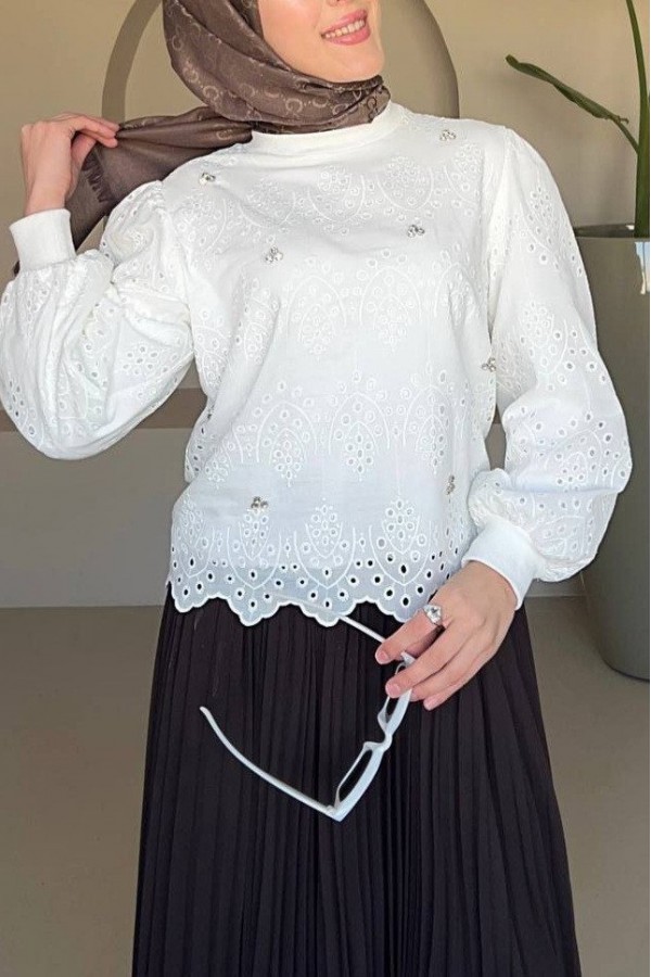 Round Neck Stone Lined Tunic -White