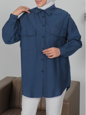 Double Pocket Button Down Shirt -Navy blue