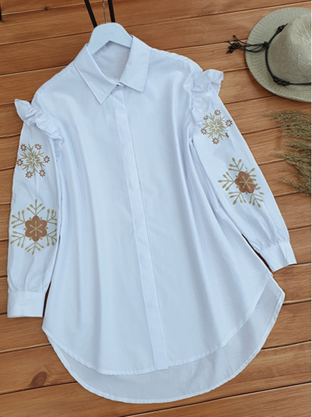 Ruffle Shoulders Printed Sleeves Shirt -White
