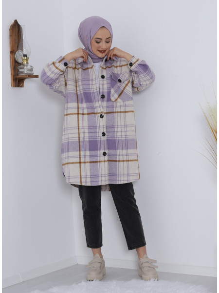 Button Down One Pocket Shirt Jacket -Lilac