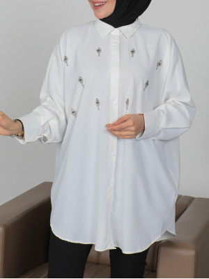 Buttoned Loose Shirt with Stones on the Front -Ecru