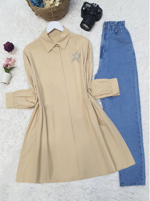 Stone Embroidered Ruffle Detailed Shirt Tunic - Beige