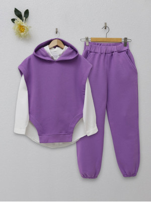 Hooded Three Thread Raised Trousers Set - Purple