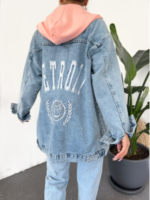 Combed Cotton Hooded Buttoned Denim Jacket -Salmon