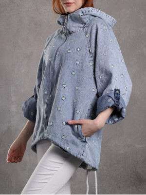 Fixed Hooded Daisy Embroidered Zippered Denim Jacket -Ice Blue
