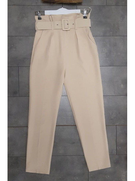 Belted Fabric Trousers  -Stone