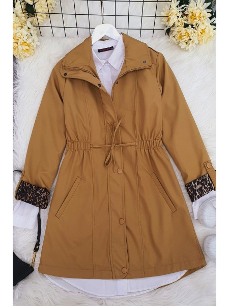 Pleated Waist Short Trench Coat -Mink color