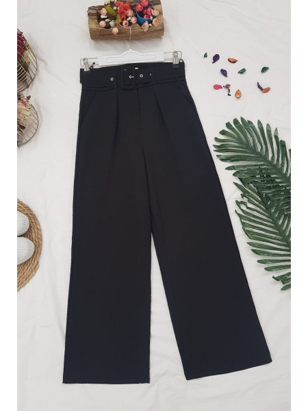 Wide Leg Belted Trousers -Black