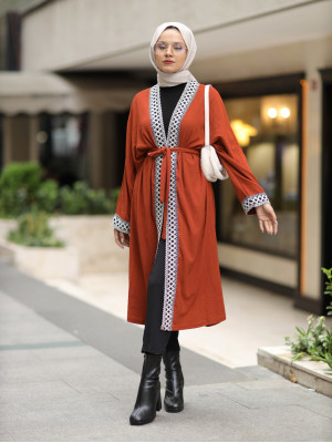 Etnik Şeritli Bağcıklı Uzun Kimono -Kiremit