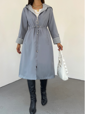 Waist Tight Quilted Lined Hooded Trench Coat   -Grey