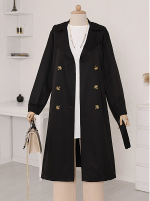Shawl Collar Belted Long Trench Coat -Black