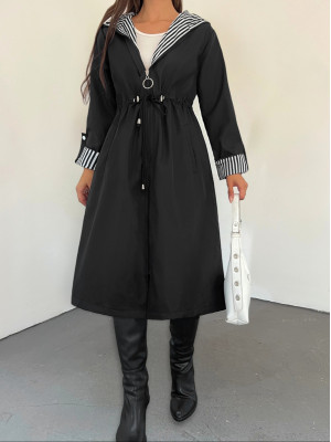 Waist Tight Quilted Lined Hooded Trench Coat -Black