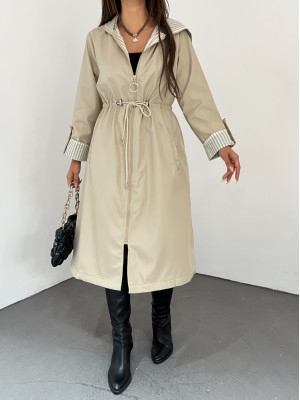 Waist Tight Quilted Lined Hooded Trench Coat -Stone