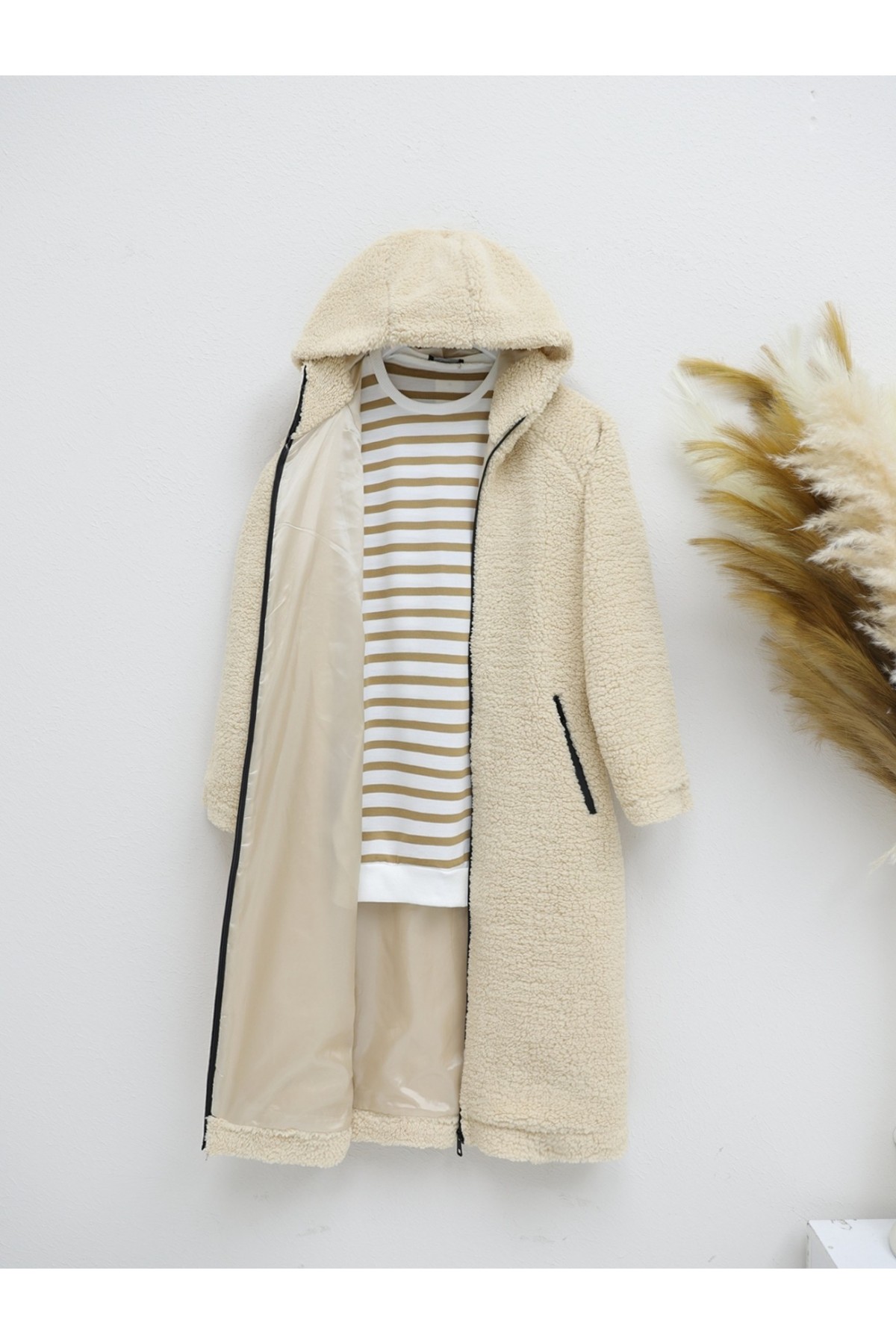 Lined Hooded Lamb Plush Winter Coat -Mink color