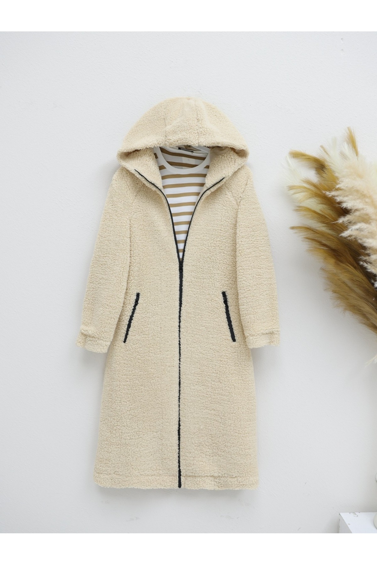 Lined Hooded Lamb Plush Winter Coat -Mink color