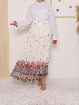 Pleated Floral Printed Chiffon Skirt -Garnet Color