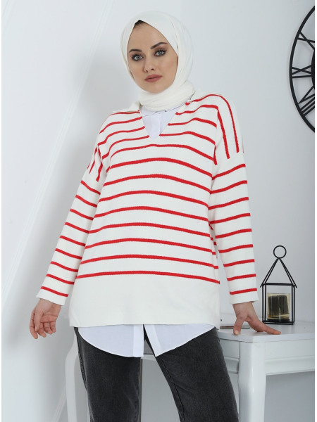 V Neck Striped Short Oversize Double Layer Knitwear Tunic -Red