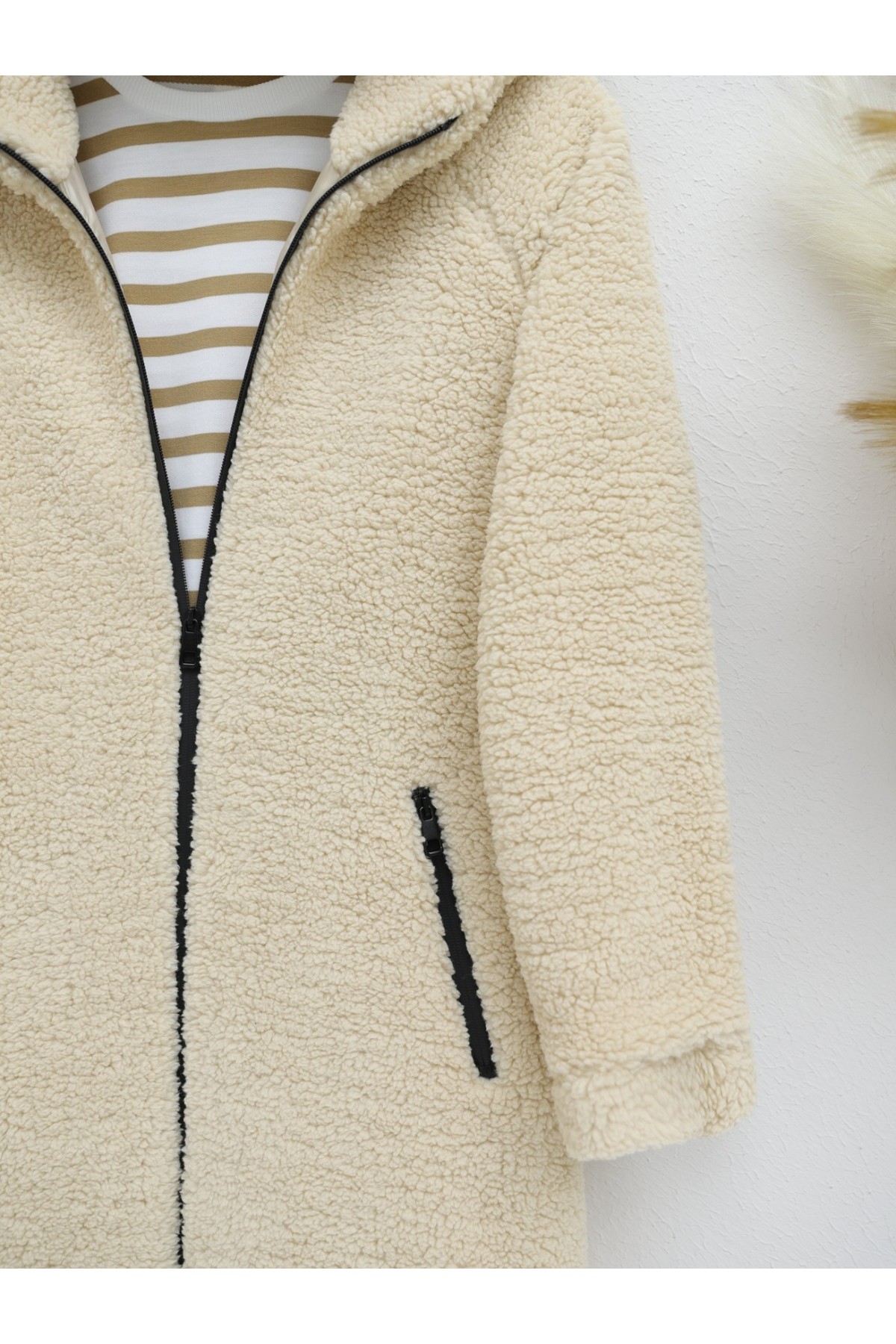 Lined Hooded Lamb Plush Winter Coat -Mink color