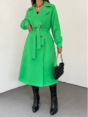 Shawl Collar Belted Long Trench Coat  -Green