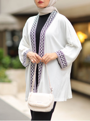 Araboy Etnik Şeritli Kimono  -Beyaz