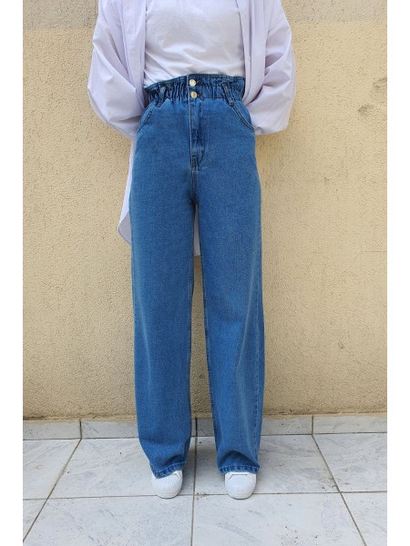 Elastic Waist Double Buttoned Wide Leg Jeans -Blue