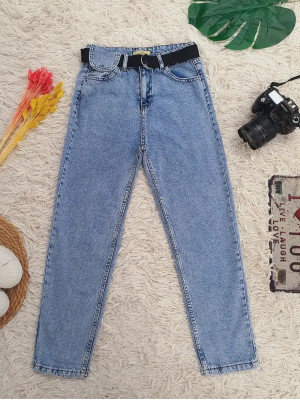 Metal Buckled Belt Snap Detailed Jeans -Light blue